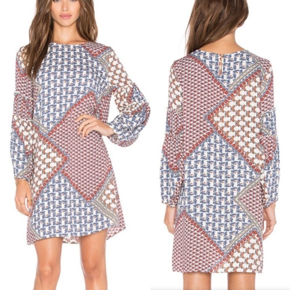 WAYF Red & Blue Patchwork Ruffle Sleeve Long Sleeve Shift Dress M